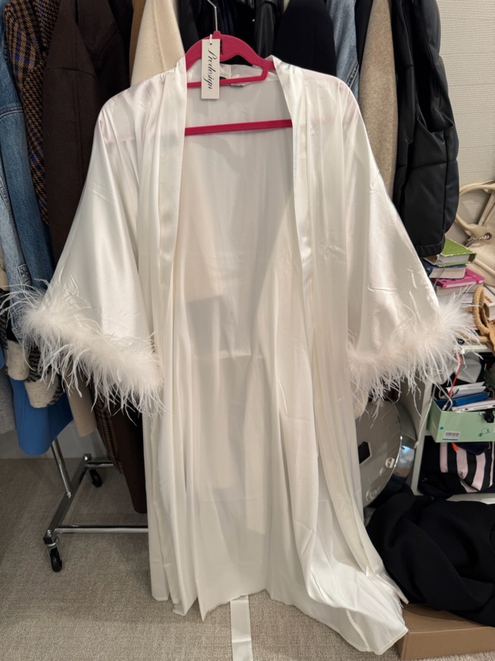 White Feather-Trim Satin Robe - Luxury Women’s Lingerie by